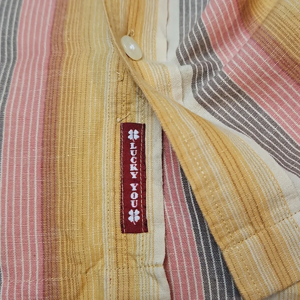 Lucky Brand Short Sleeve Button Up Shirt Linen Blend StripesMen's Large - Picture 12 of 15